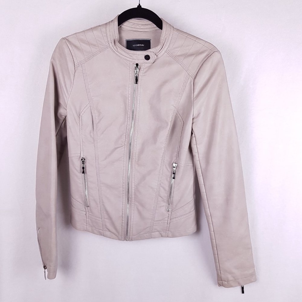 LE CHATEAU | Faux leather white moto jacket zippers size XS